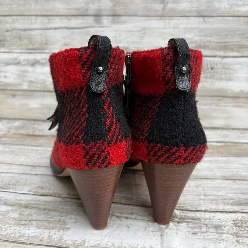 Matt Bernson Ankle Boots 7 Black Red Buffalo Plaid Leather Wool Buckle Booties